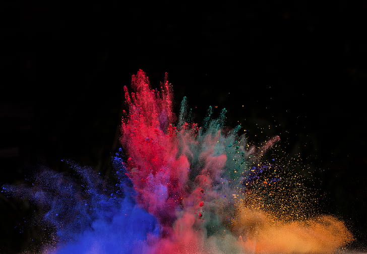 powder explosion, motion, multi colored, exploding, black background
