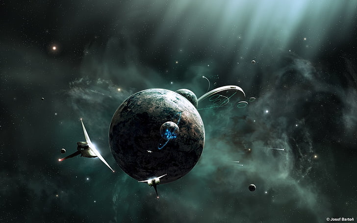 spaceships and planet digital wallpaper, science fiction, JoeyJazz