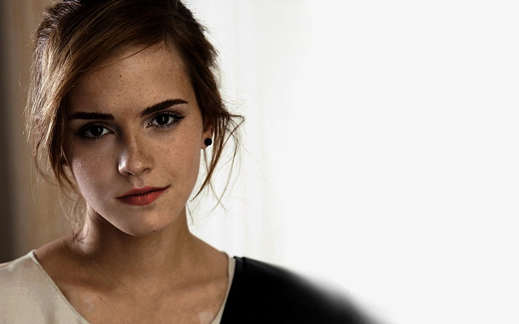 Emma Watson, looking at viewer, face, red lipstick, celebrity, HD wallpaper