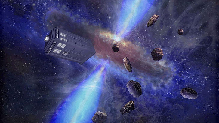 Doctor Who Tardis HD, blue, dr who, floating, flying, galaxy, HD wallpaper