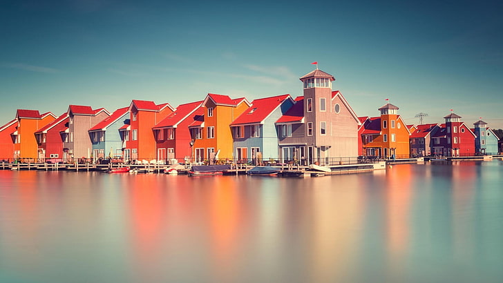 multicolored houses, architecture, building, water, reflection, HD wallpaper