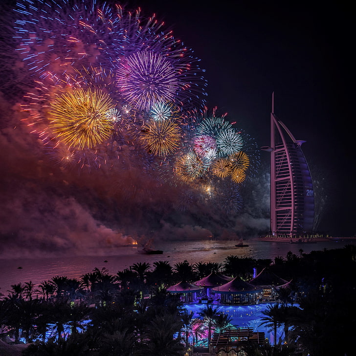 Dubai, night, New Year, fireworks, UAE, HD wallpaper