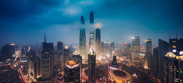 high-rise buildings, city, night, skyscraper, city lights, Shanghai