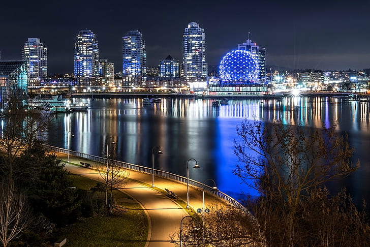 Vancouver, Canada, night, city building, road, lights, lanterns, HD wallpaper