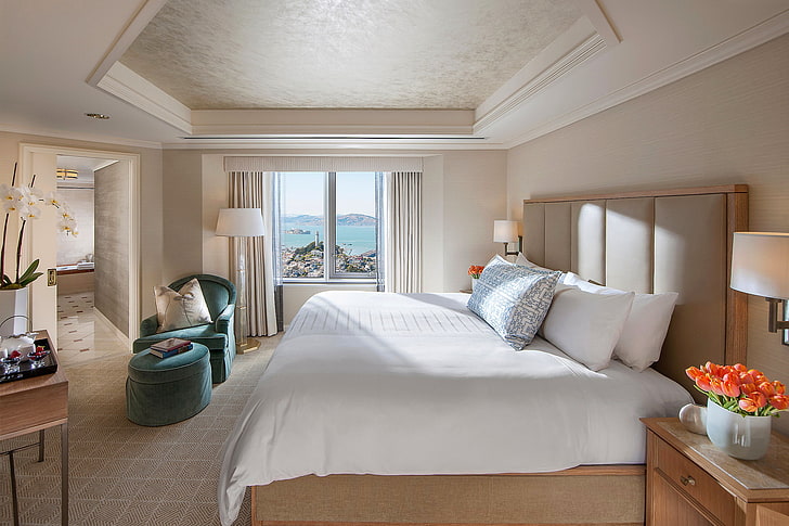 white bed comforter, flowers, design, style, lamp, room, interior, HD wallpaper