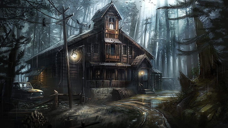 fantasy art, haunted house, ghost house, tree, forest, abandoned
