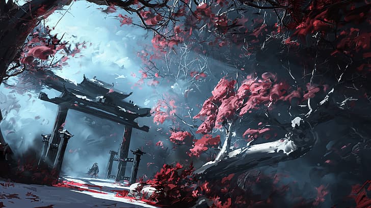 Japanese, gates, forest, illustration, trees, digital art, torii