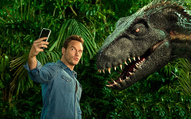 Jurassic World: Fallen Kindom 2018, poster, movie, selfie, man
