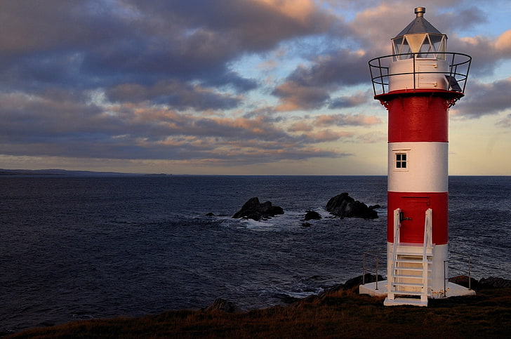 white and red lighthouse, rocks, coast, Canada, The Atlantic ocean, HD wallpaper