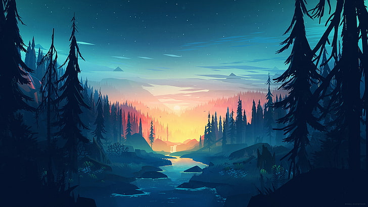 pine tress illustration, artwork, landscape, forest, Mikael Gustafsson