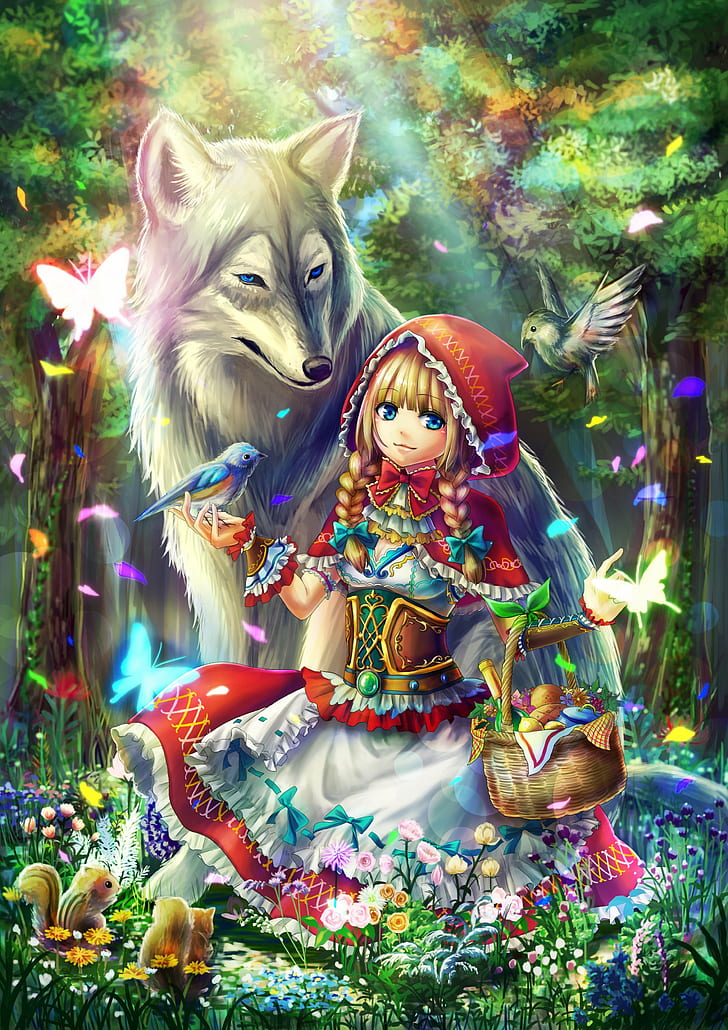 anime, anime girls, Little Red Riding Hood, cleavage, wolf