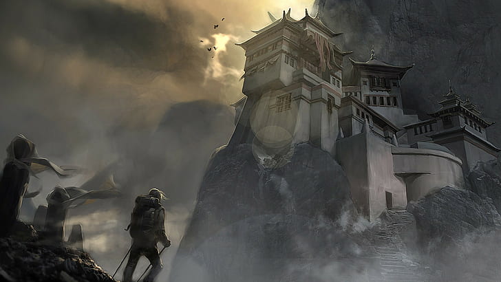 mountaineer in front of castle illustration, artwork, Asian architecture