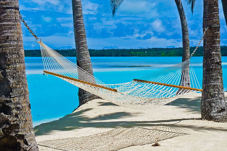 Hammock on Beach in the South Pacific, white knit hammock, island