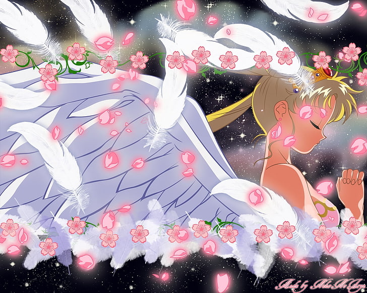 Sailor Moon, tsukino usagi, girl, wings, flowers, backgrounds, HD wallpaper