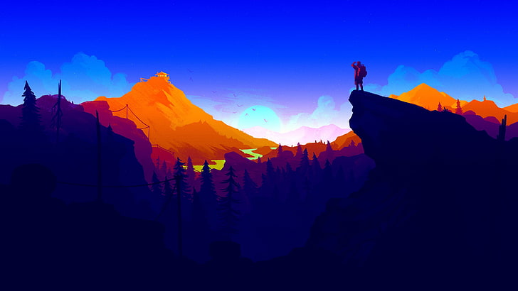 man on top of cliff illustration, landscape painting, Firewatch