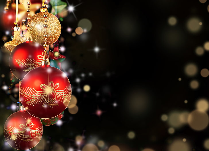 red and gold Christmas baubles, the dark background, balls, toys, HD wallpaper