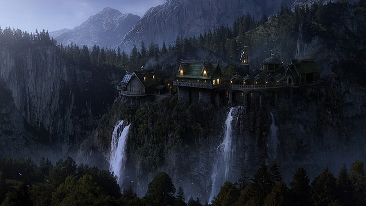 houses illustration, waterfalls beside castle near mountain, landscape