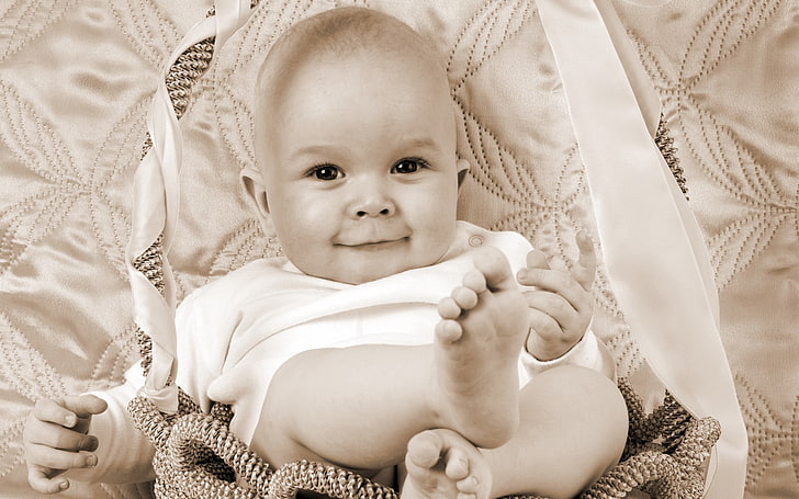 sepia photo of baby, barefoot, smiling, young, child, childhood