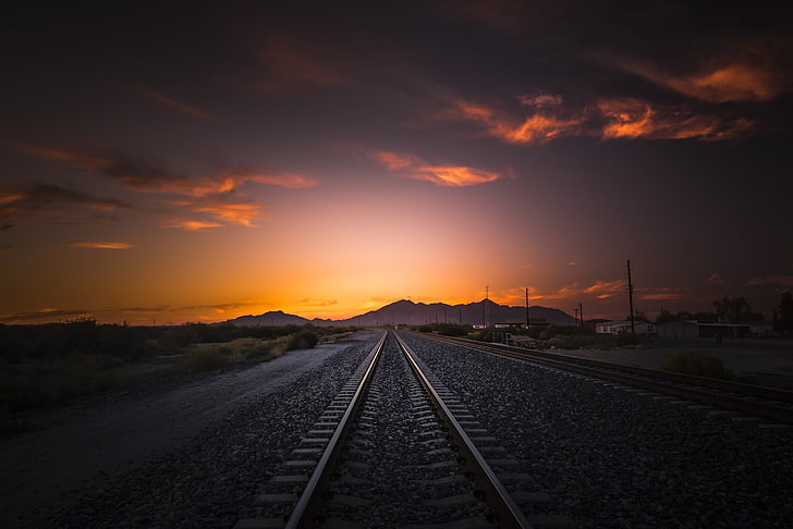 photography, railway, tracks, house, sky, power lines, sunset, HD wallpaper