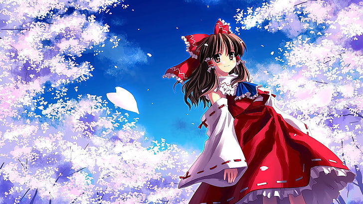 anime, anime girls, brunette, cherry blossom, long hair, looking at viewer