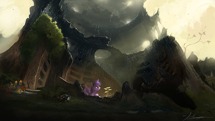 purple My Little Pony character under rock formation illustration
