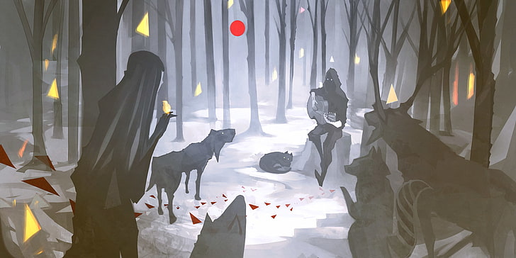 Nano Mortis, forest, dog, raccoons, deer, cat, guitar, wolf