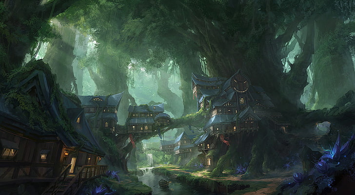brown and blue houses illustration, tree house, forest, digital art, HD wallpaper