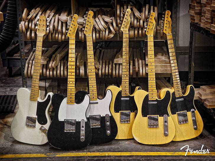 six assorted-color electric guitars, fender, esquire, telecaster
