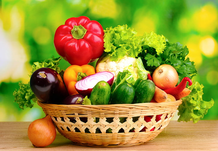 assorted-color vegetable lot, vegetables, basket, green background