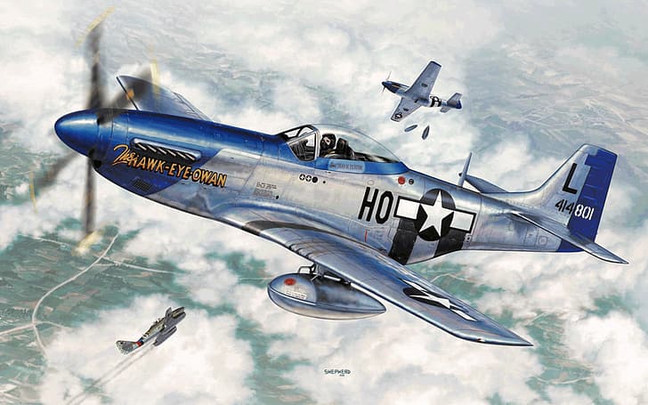war, art, painting, aviation, ww2, P-51 D Mustang, Me-262