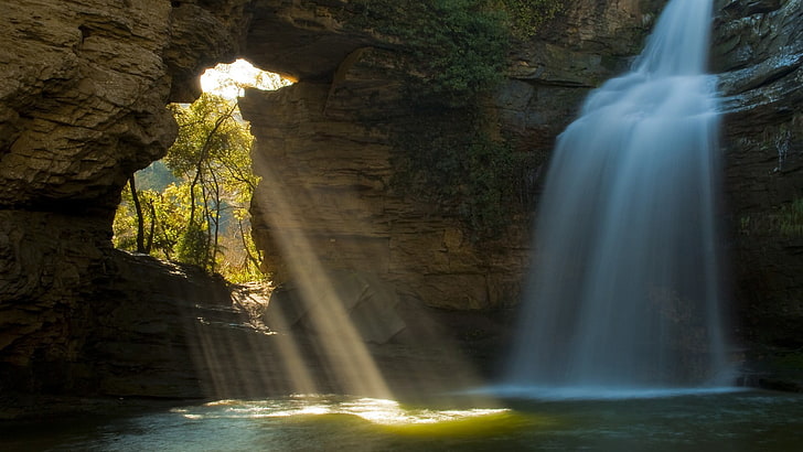 waterfall, nature, landscape, sun rays, long exposure, motion