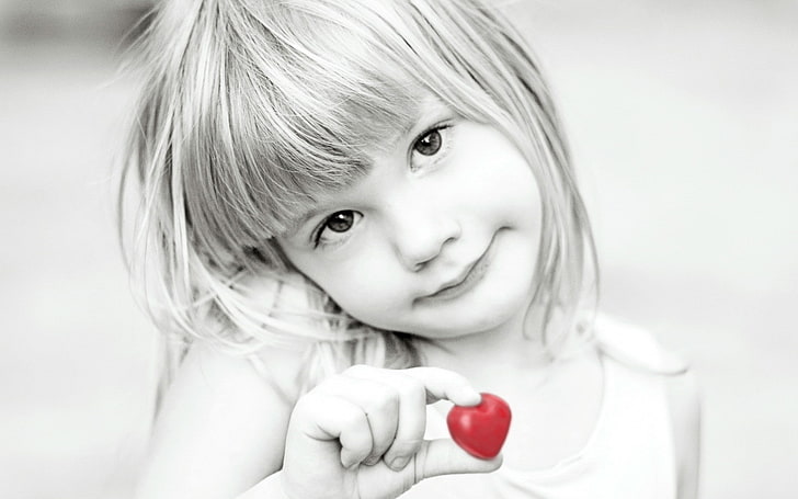 little girl, monochrome, selective coloring, children, smiling, HD wallpaper