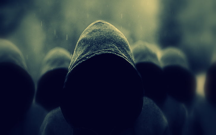 gray hoodie, hoods, rain, people, black, dark, digital art, artwork, HD wallpaper