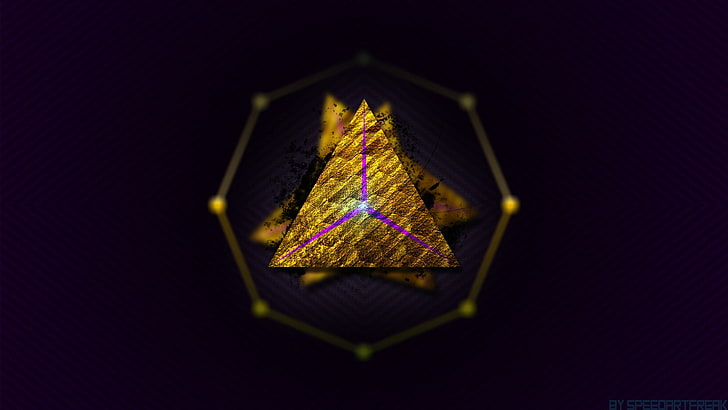 octagonal yellow logo, triangle, gold, violet, abstract, studio shot