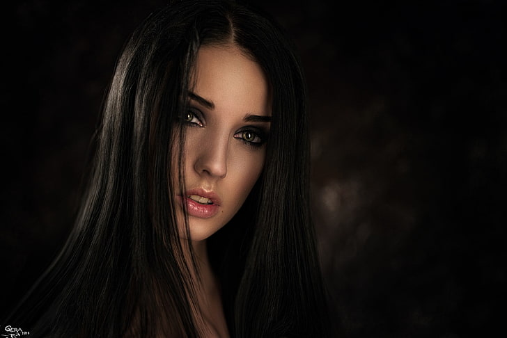 women's black hair, woman's face, brunette, green eyes, model, HD wallpaper