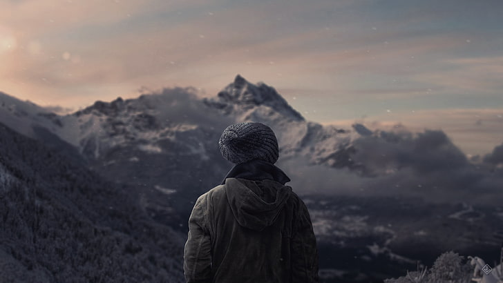 gray knitted beanie, person wearing knit hat looking at mountain, HD wallpaper