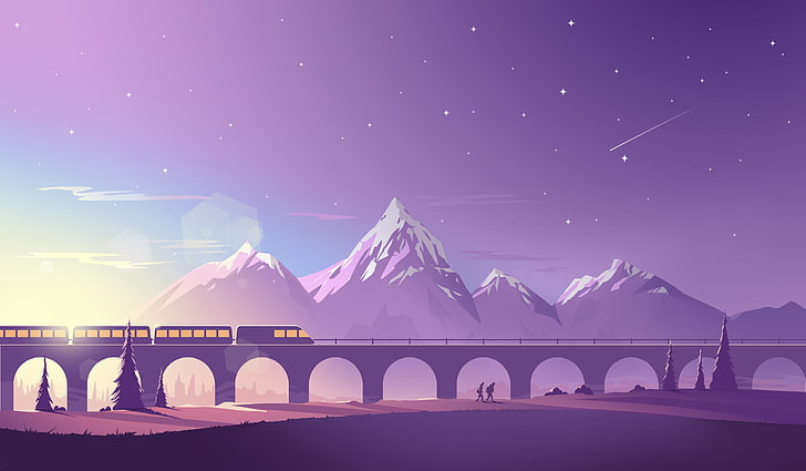 train on arch bridge with mountain on the background digital wallpaper