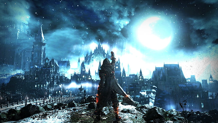 fictional character standing on hill with city in background wallpaper