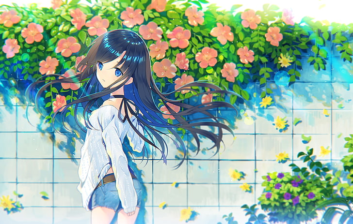 HD wallpaper: anime girl, back view, black hair, flowers, jean shorts,  flowering plant | Wallpaper Flare