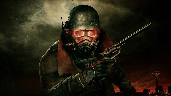 mask man with revolver pistol graphic wallpaper, Fallout, Fallout: New Vegas