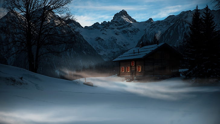 nature, landscape, winter, snow, cold, mountains, trees, mist, HD wallpaper
