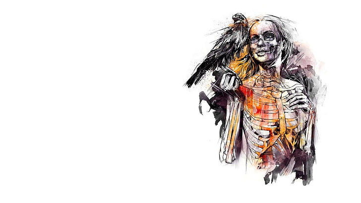 skeleton and bird illustration, digital art, death, women, face, HD wallpaper