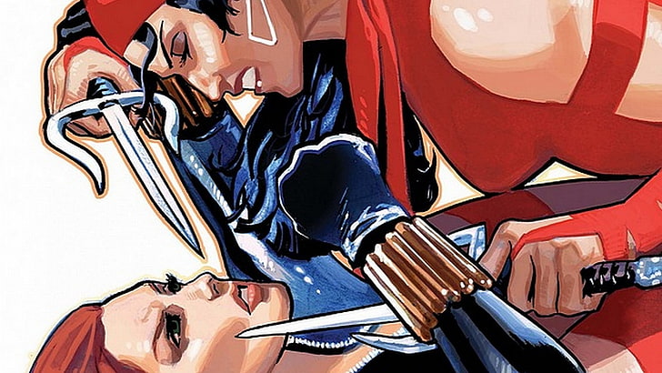 Elektra and Black Widow illustration, comics, shoe, one person