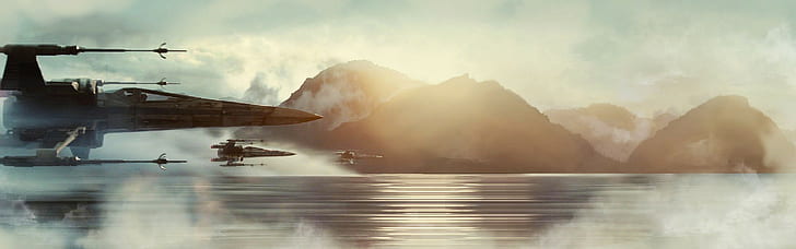 ultrawide, Star Wars, X-wing, water, sky, fog, reflection, nature