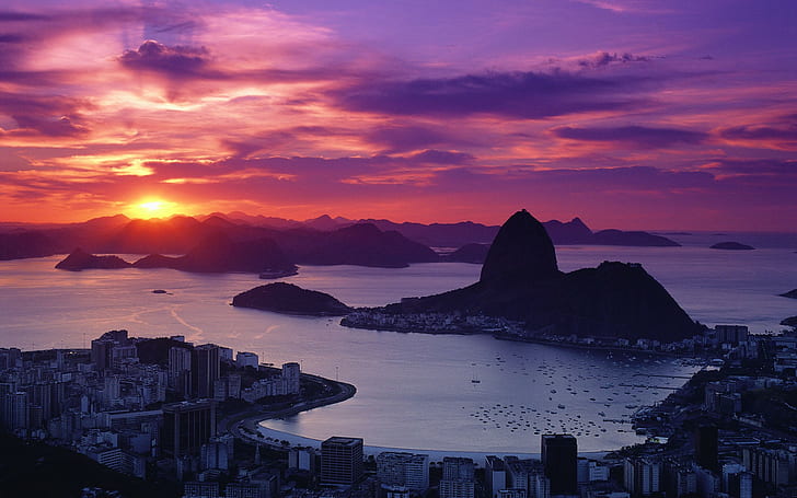 sea, city, cityscape, hills, sky, Rio de Janeiro, coast, sunset, HD wallpaper
