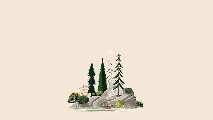 green pine trees clip art, illustration, forest, rock, studio shot