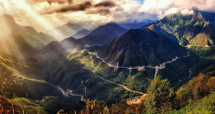 aerial photo of green mountains, nature, landscape, Vietnam, sunset, HD wallpaper