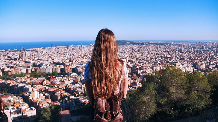 woman looking across the city, people, Barcelona, building exterior, HD wallpaper