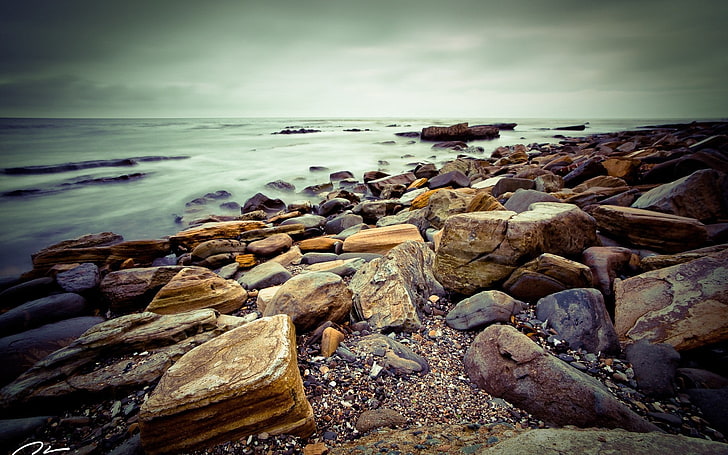 coast, sea, nature, sky, horizon, stones, rock, solid, water