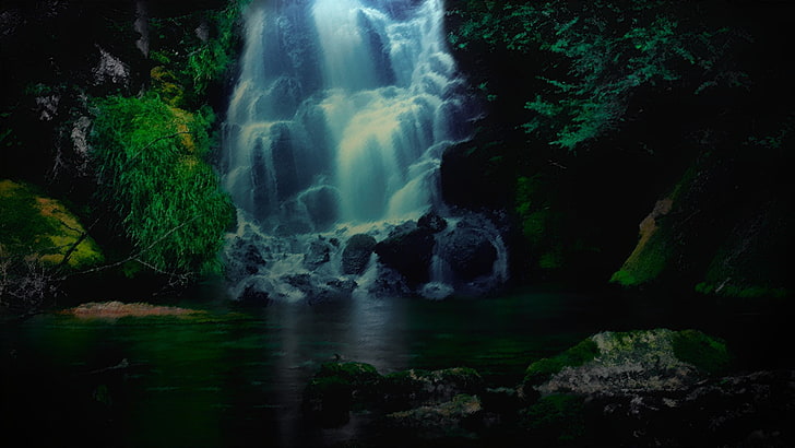 forest with waterfalls digital wallpaper, photo manipulation